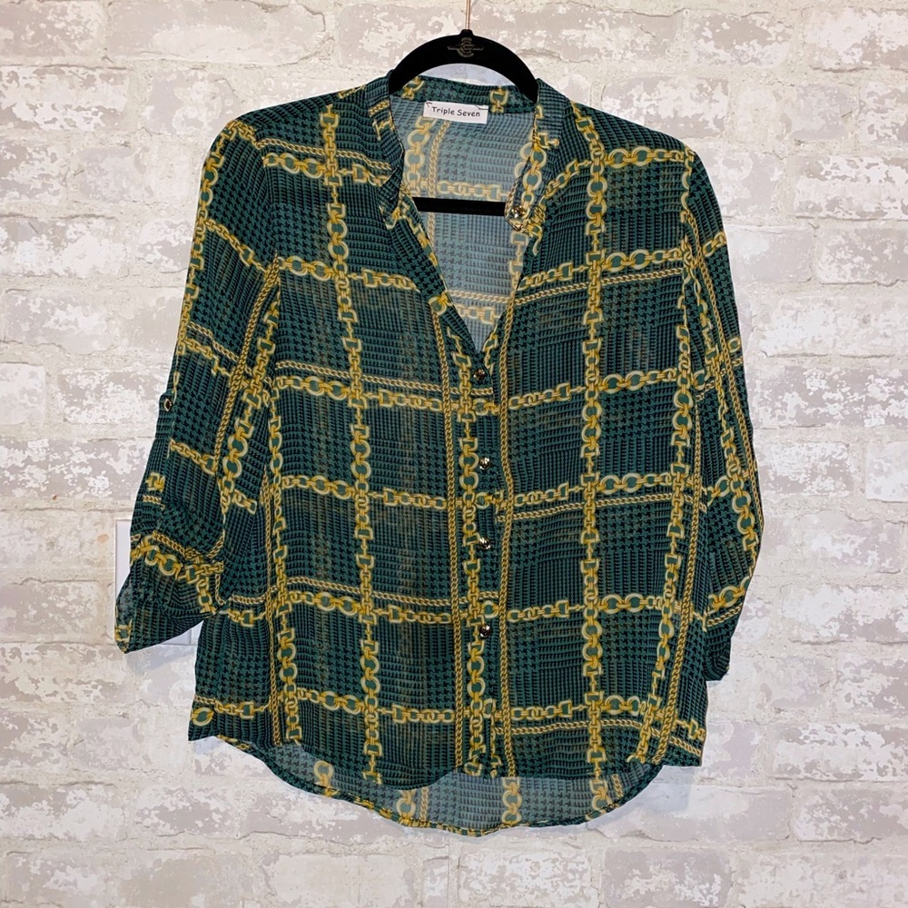 Gold Chain & houndsooth print green button up